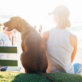 A woman and her dog sitting next to a bench while overlooking the beach.