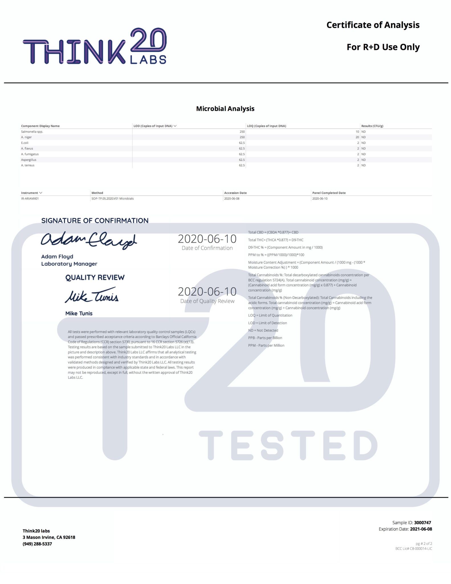 Panacea Test Results - Batch TN22E2001
