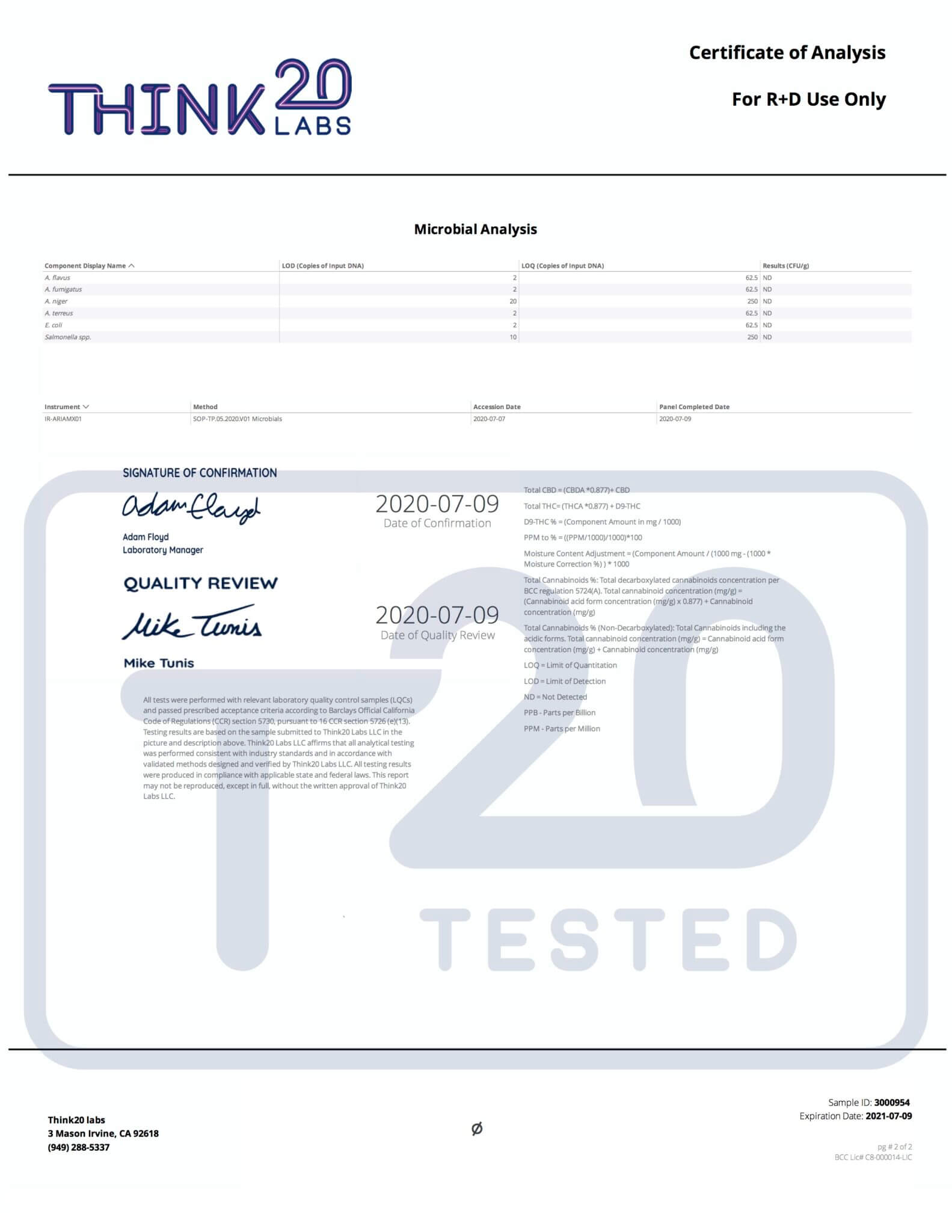 Panacea Test Results - Batch WS29F2001